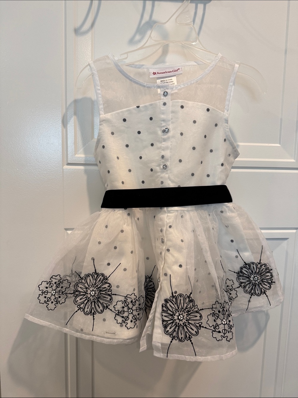 American Girl White & Black Polka Dot Tulle Dress with Floral Embroidery